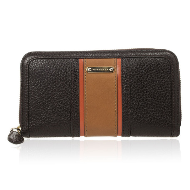 Pre Owned Burberry Black and Brown Stripe Zip Around Wallet