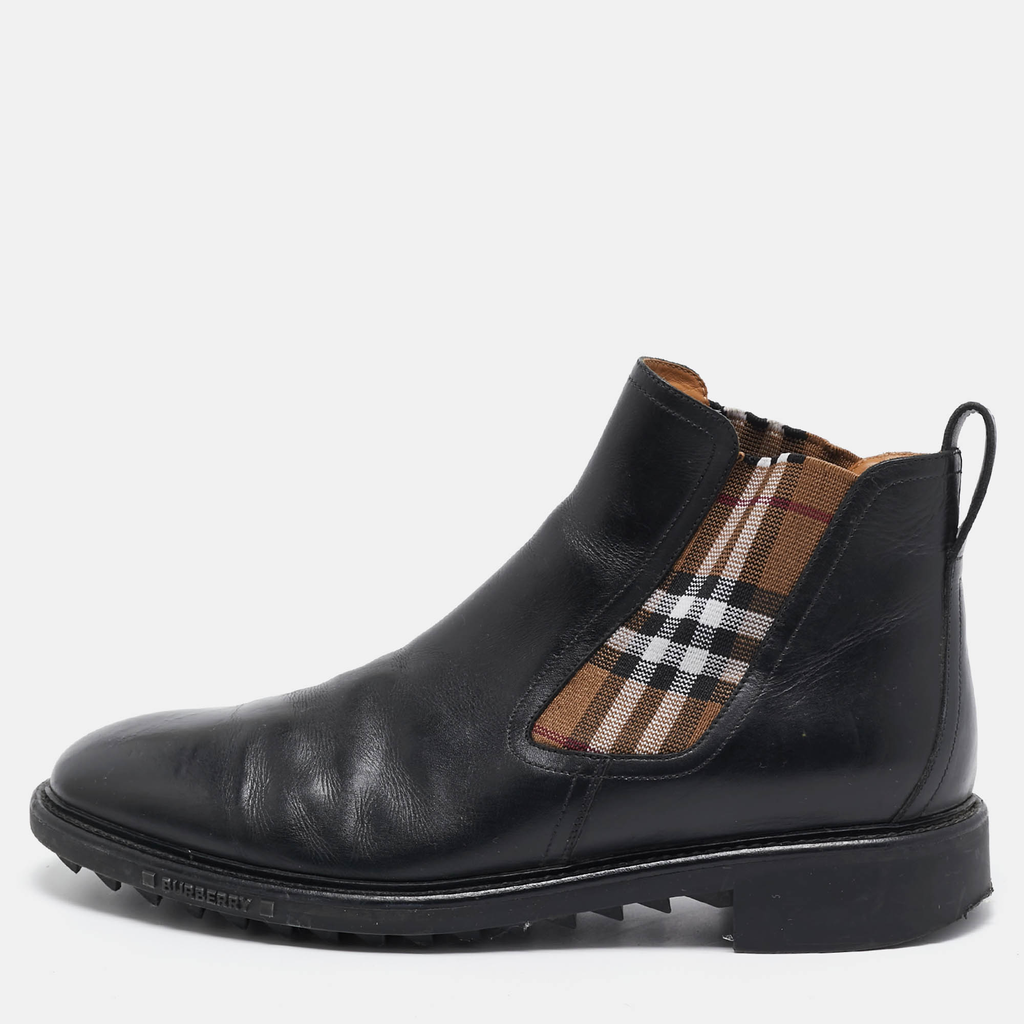 

Burberry Black Vintage Check Detail Leather Chelsea Boots Size