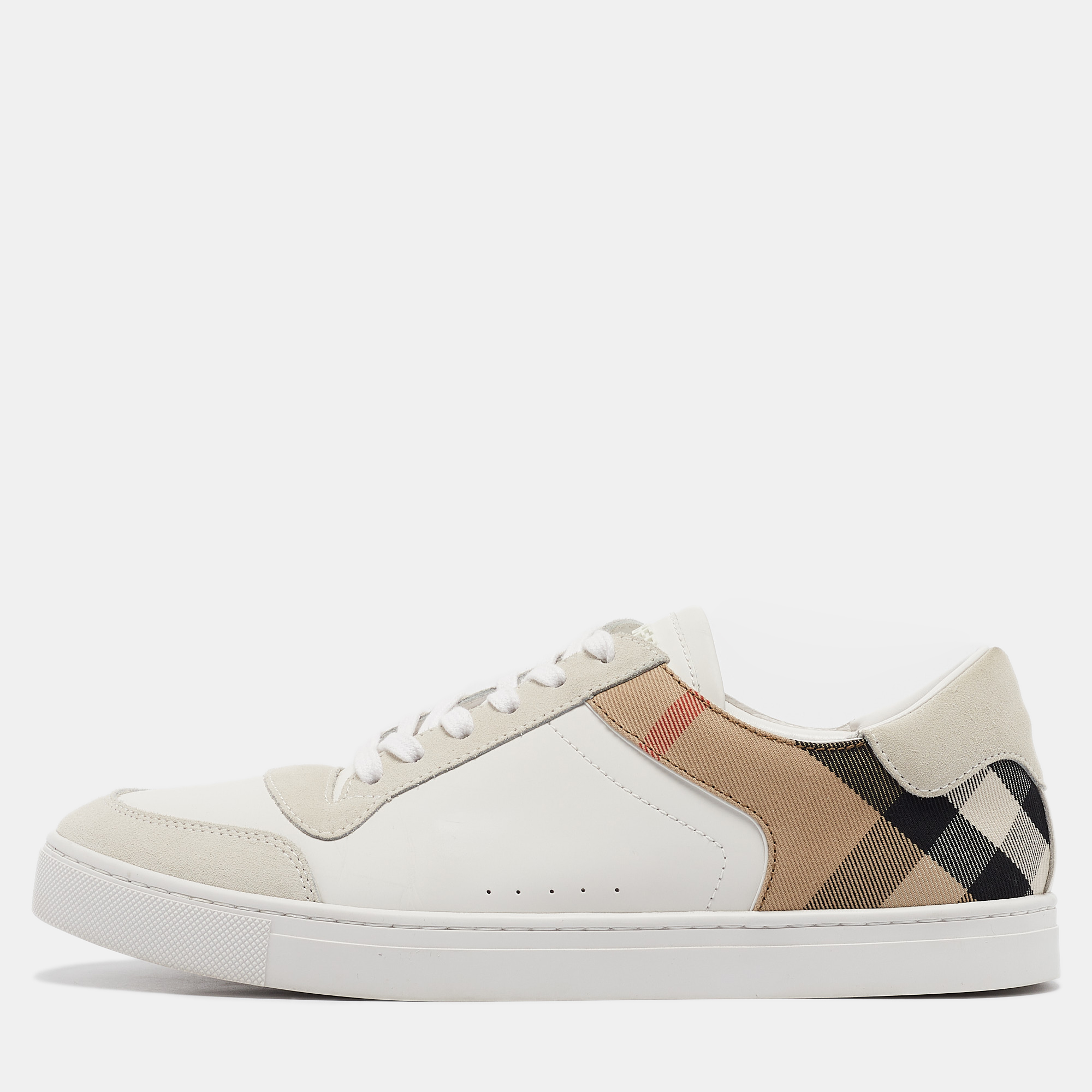 

Burberry White/Beige Leather and House Check Canvas New Reeth Sneakers Size