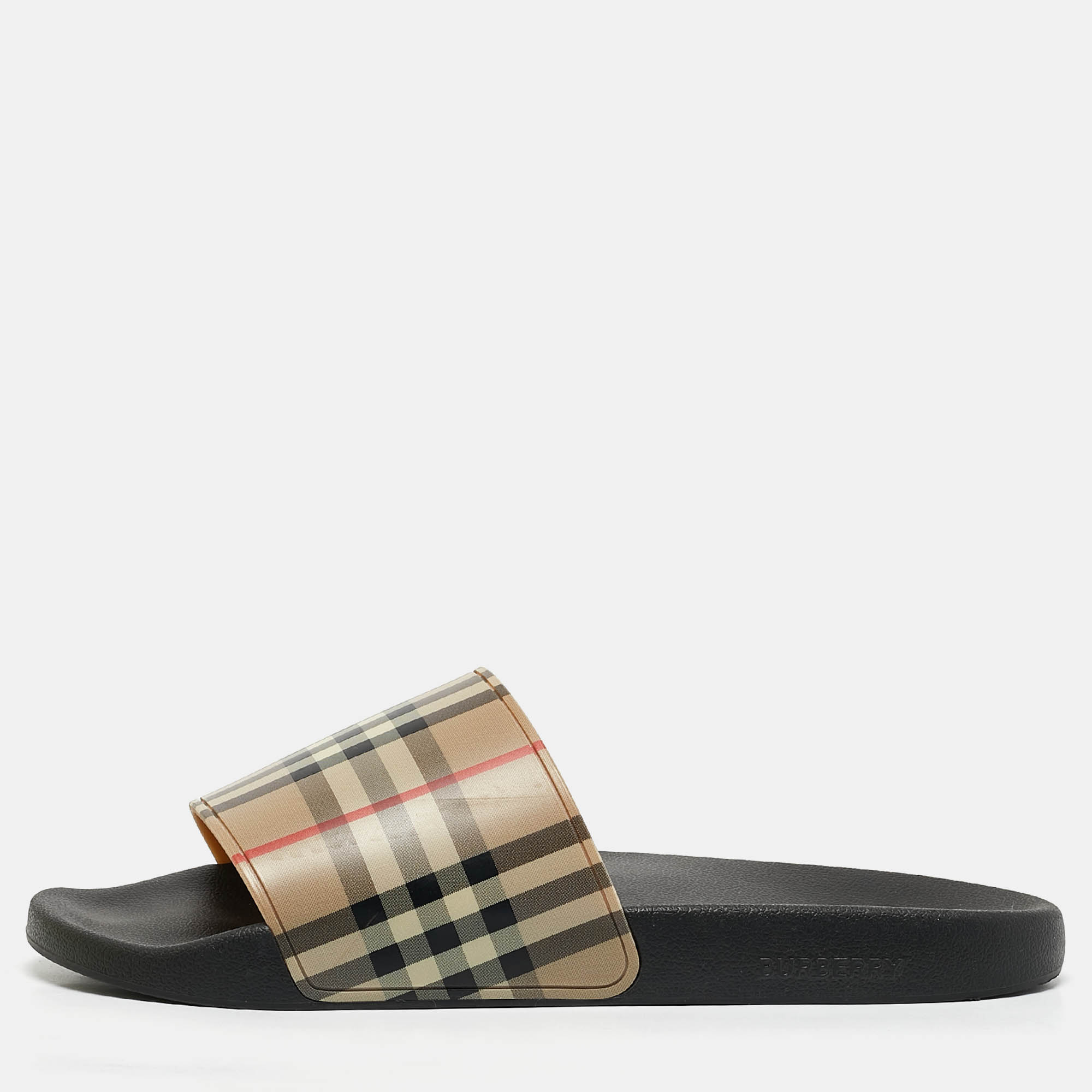 

Burberry Beige Nova Check Rubber Flat Slides Sandals Size