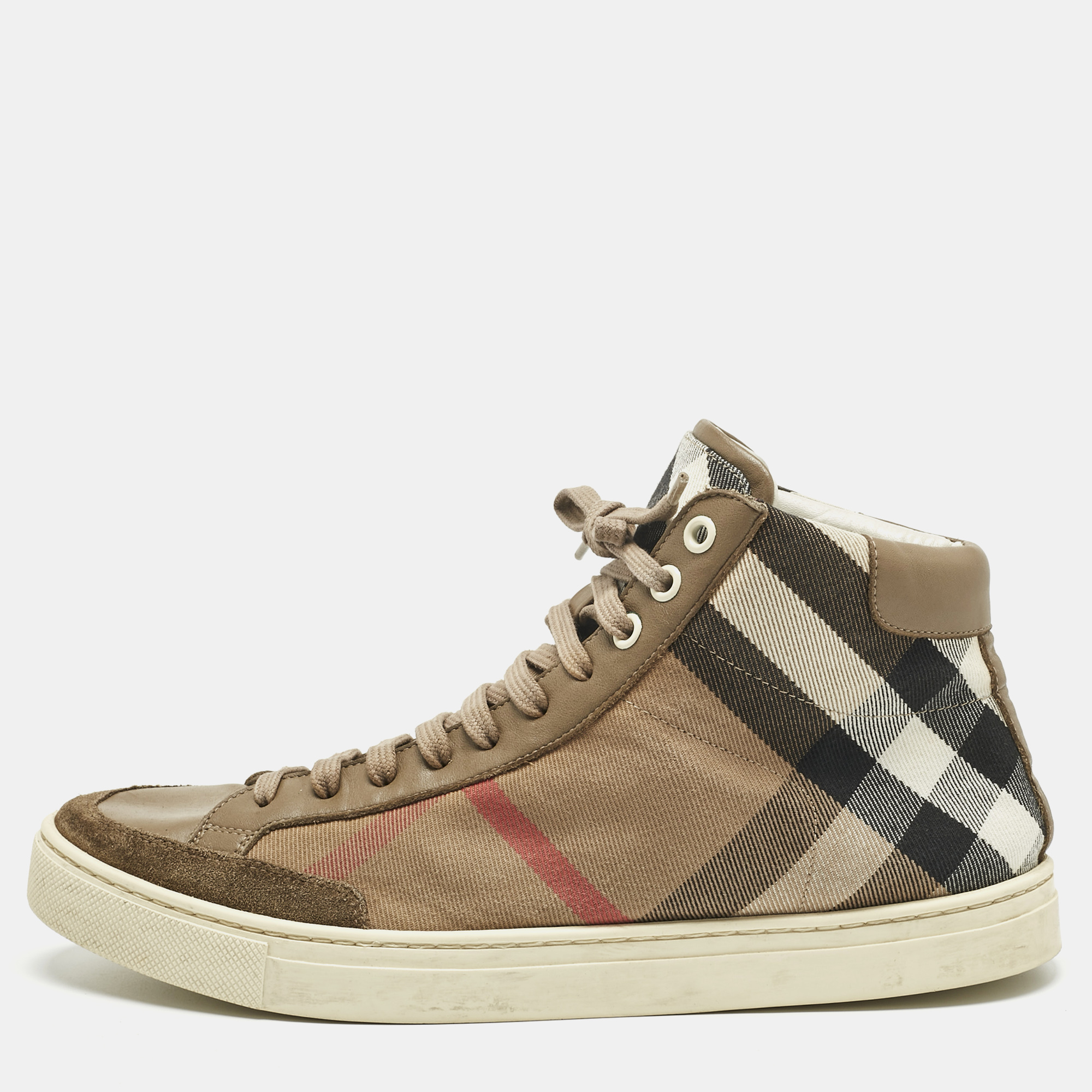 Burberry Beige/Brown House Check Canvas and Leather High Top Sneakers Size 41