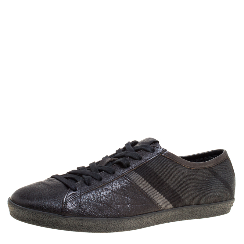 Burberry Black/Dark Green Leather and Check Canvas Sneakers Size 43
