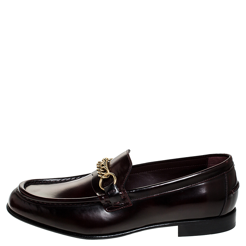 

Burberry Burgundy Leather Solway Chain Detail Slip On Loafers Size