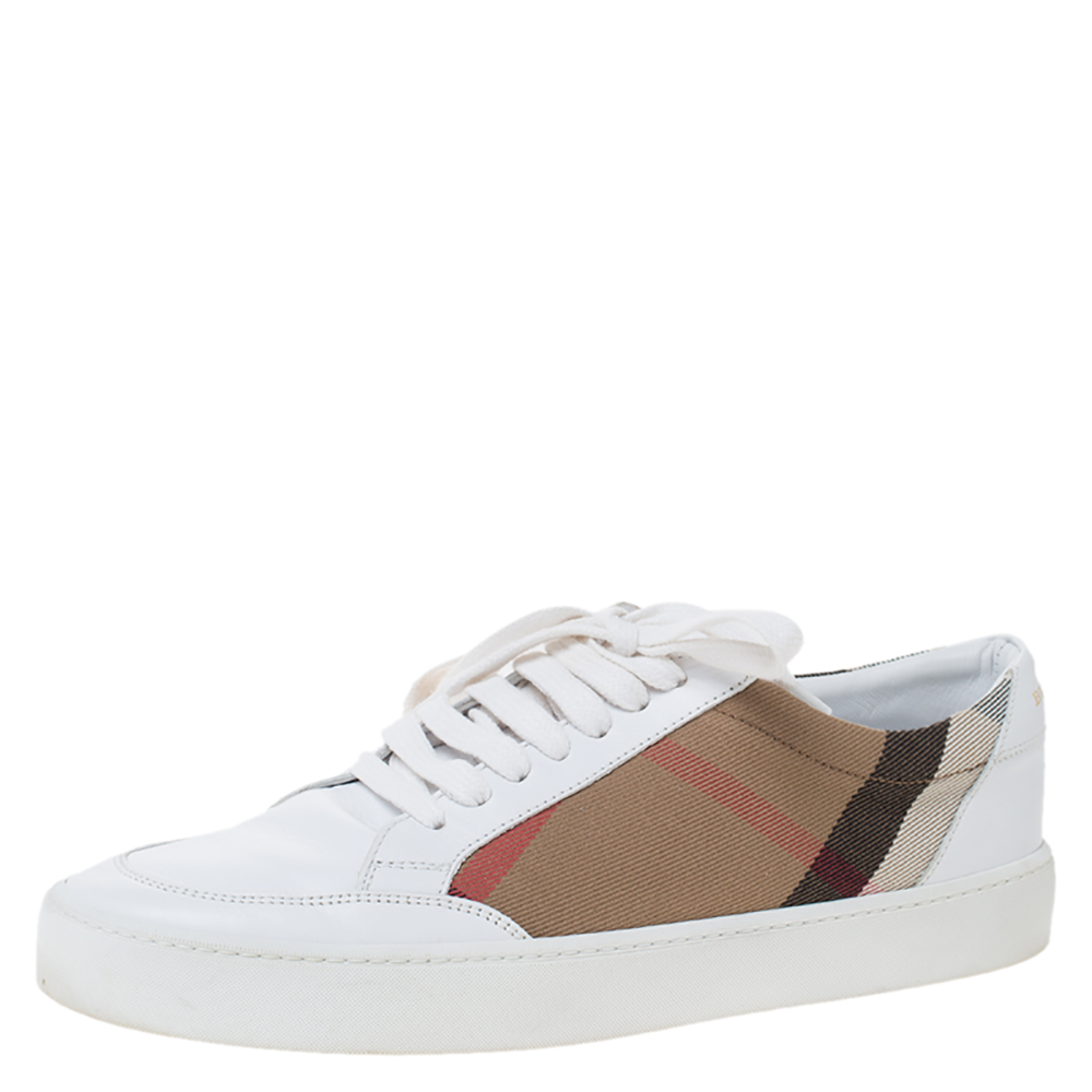 Burberry White Leather and House Check Canvas Lace Up Low Top Sneakers ...