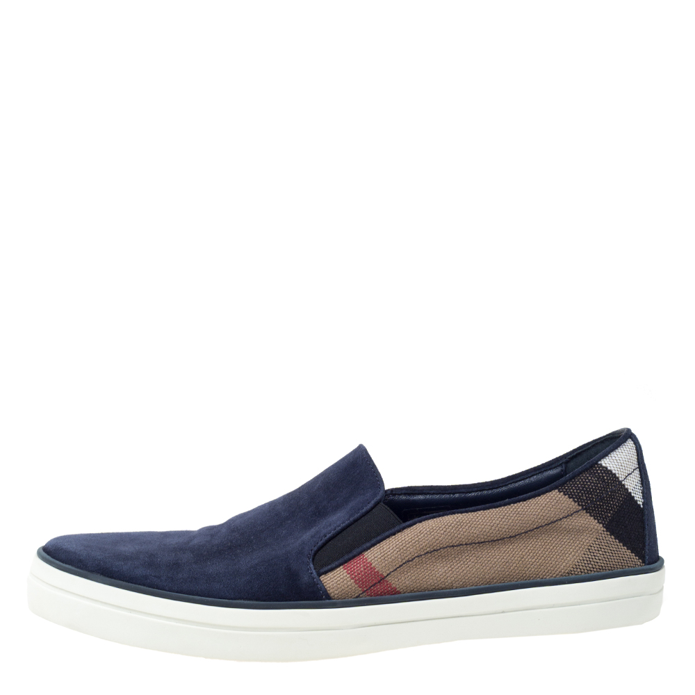 

Burberry Blue Suede And House Check Canvas Gauden Slip On Sneakers Size