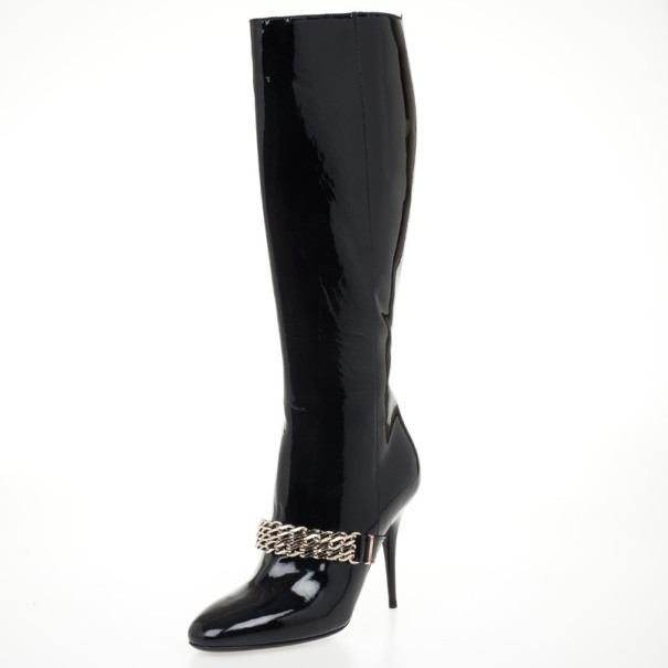 Pre Owned Burberry Black Patent Leather Chain Boots Size 37