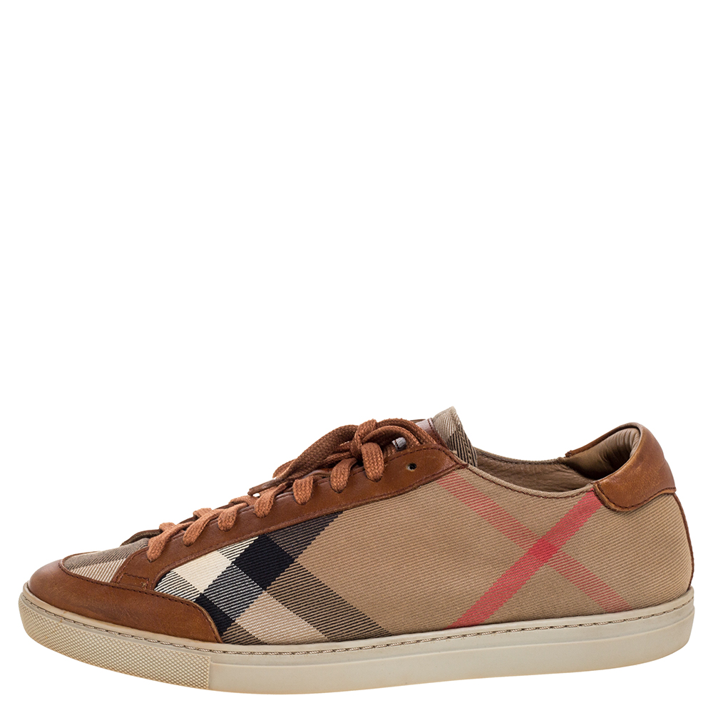 

Burberry Beige/Brown Check Canvas And Leather Lace Up Sneakers Size