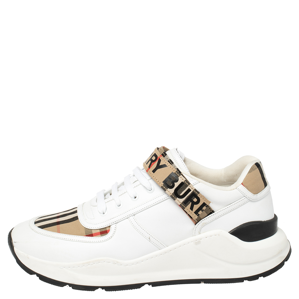 

Burberry White/Beige Leather And Checked Canvas Ronnie Sneakers Size
