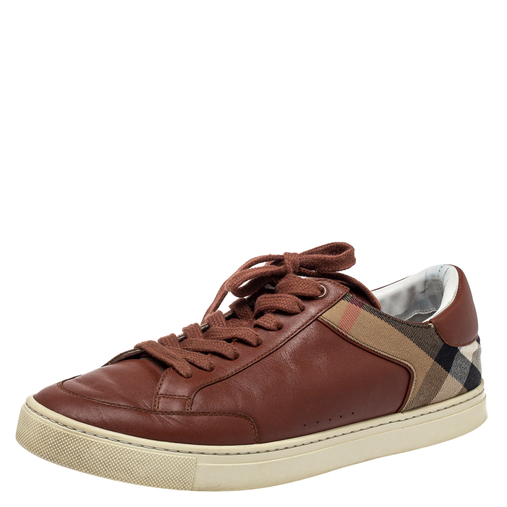 BurberryBurberry Brown Leather And Canvas Rettford Low Top Sneakers ...