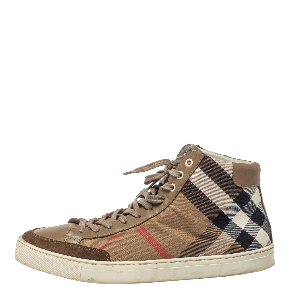 

Burberry Beige Housecheck Canvas And Leather Painton High Top Sneakers Size