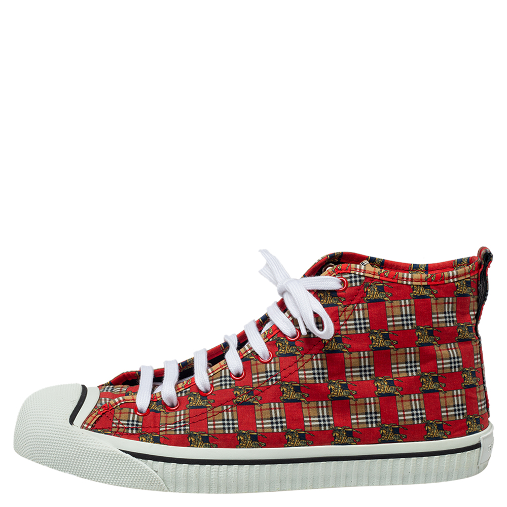 

Burberry Red Tiled Archive Print Fabric High-Top Sneakers Size