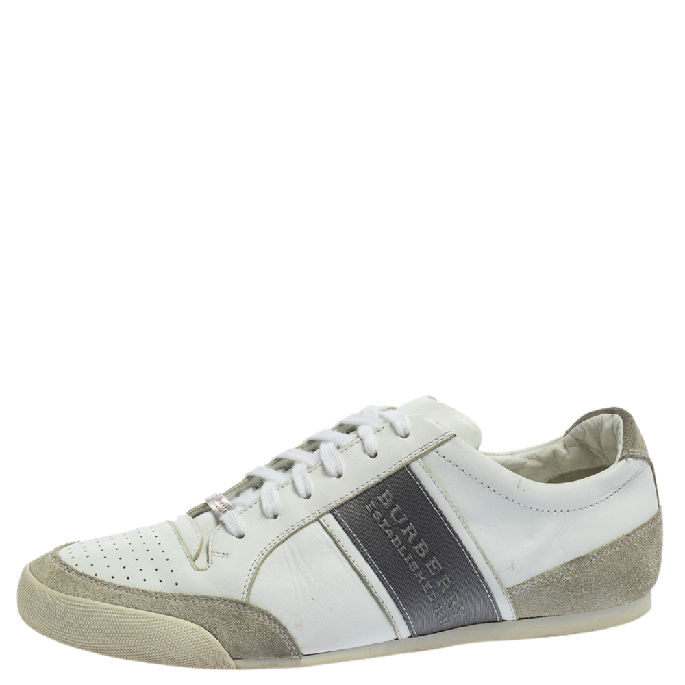 BurberryBurberry White/Grey Leather and Suede Lace Up Sneakers Size 42 ...