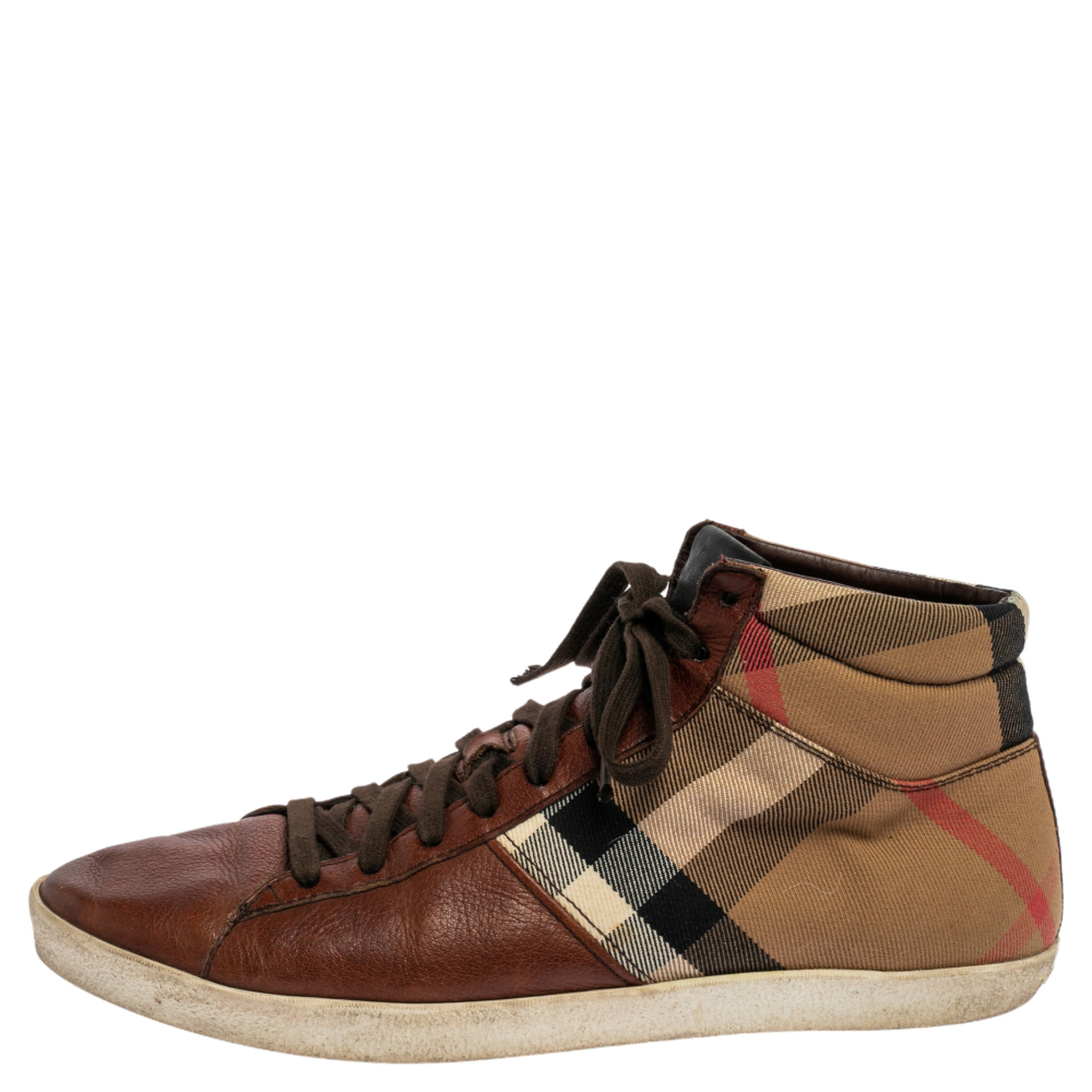 

Burberry Brown Leather and Check Canvas High Top Sneakers Size