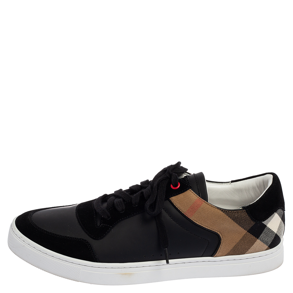

Burberry Black House Check Leather and Suede Reeth Low Top Sneakers Size