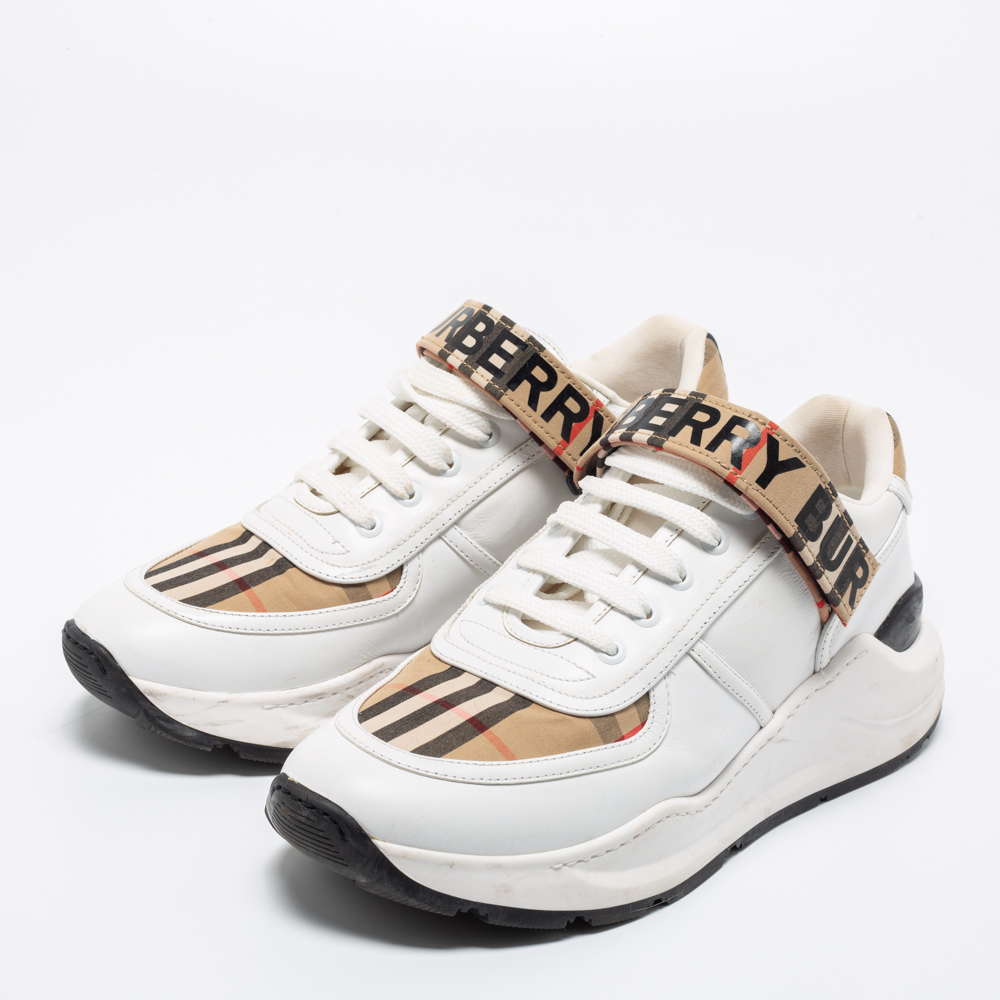 

Burberry White/Beige Leather And House Check Canvas Ronnie Sneakers Size