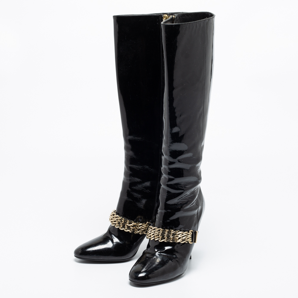 

Burberry Black Patent Leather Chain Knee Length Boots Size
