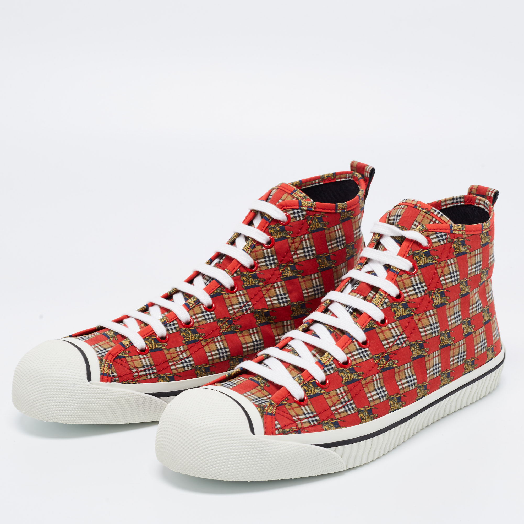 

Burberry Red Kingly Printed Canvas High Top Sneakers Size