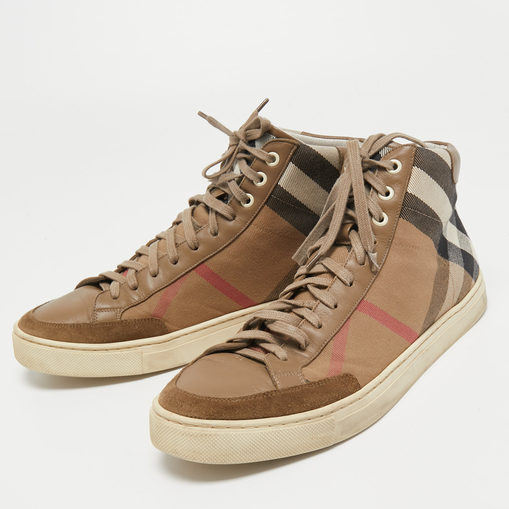 

Burberry Brown Suede, Leather and Nova Check Canvas High Top Sneakers Size