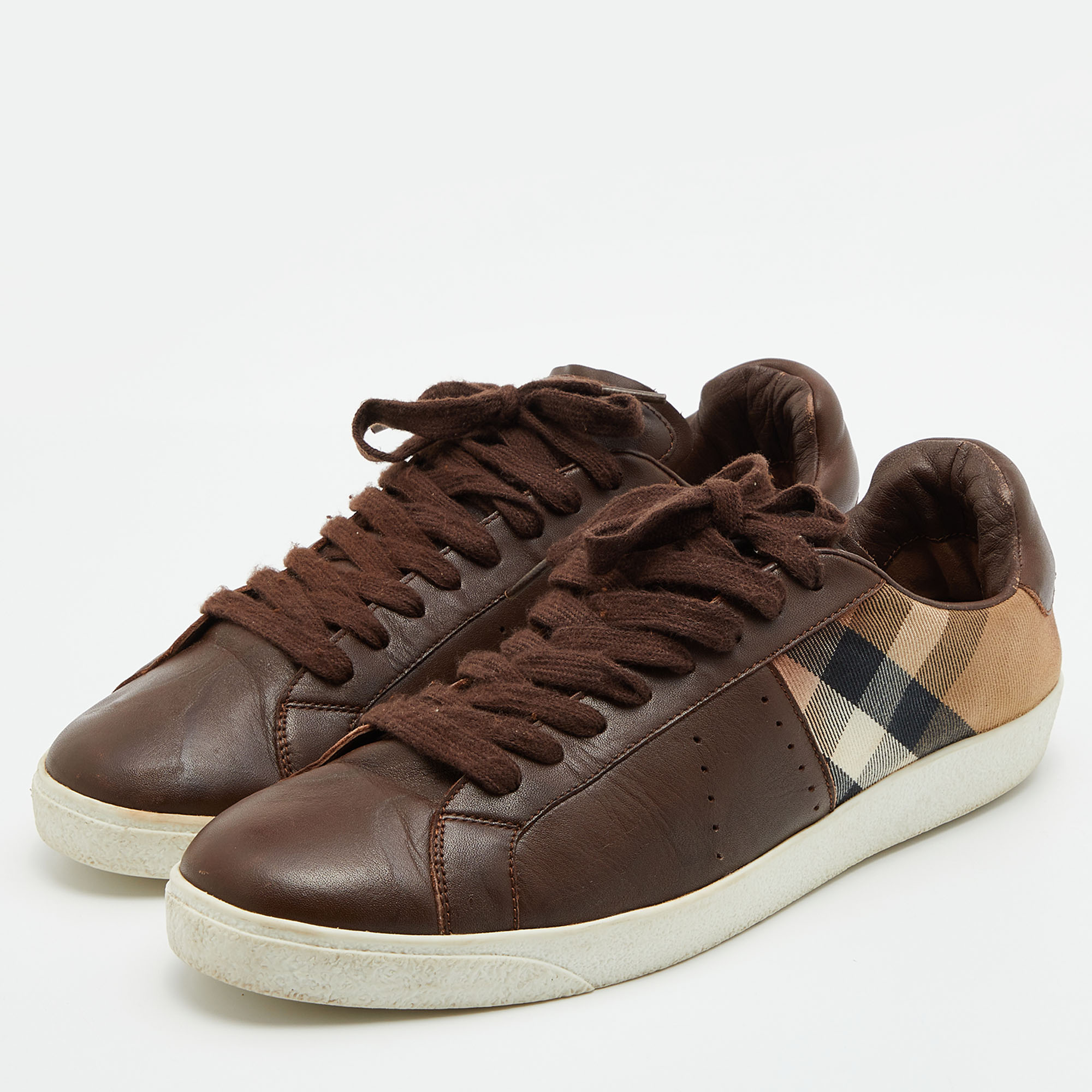 

Burberry Brown Leather and Nova Check Canvas Low Top Sneakers Size
