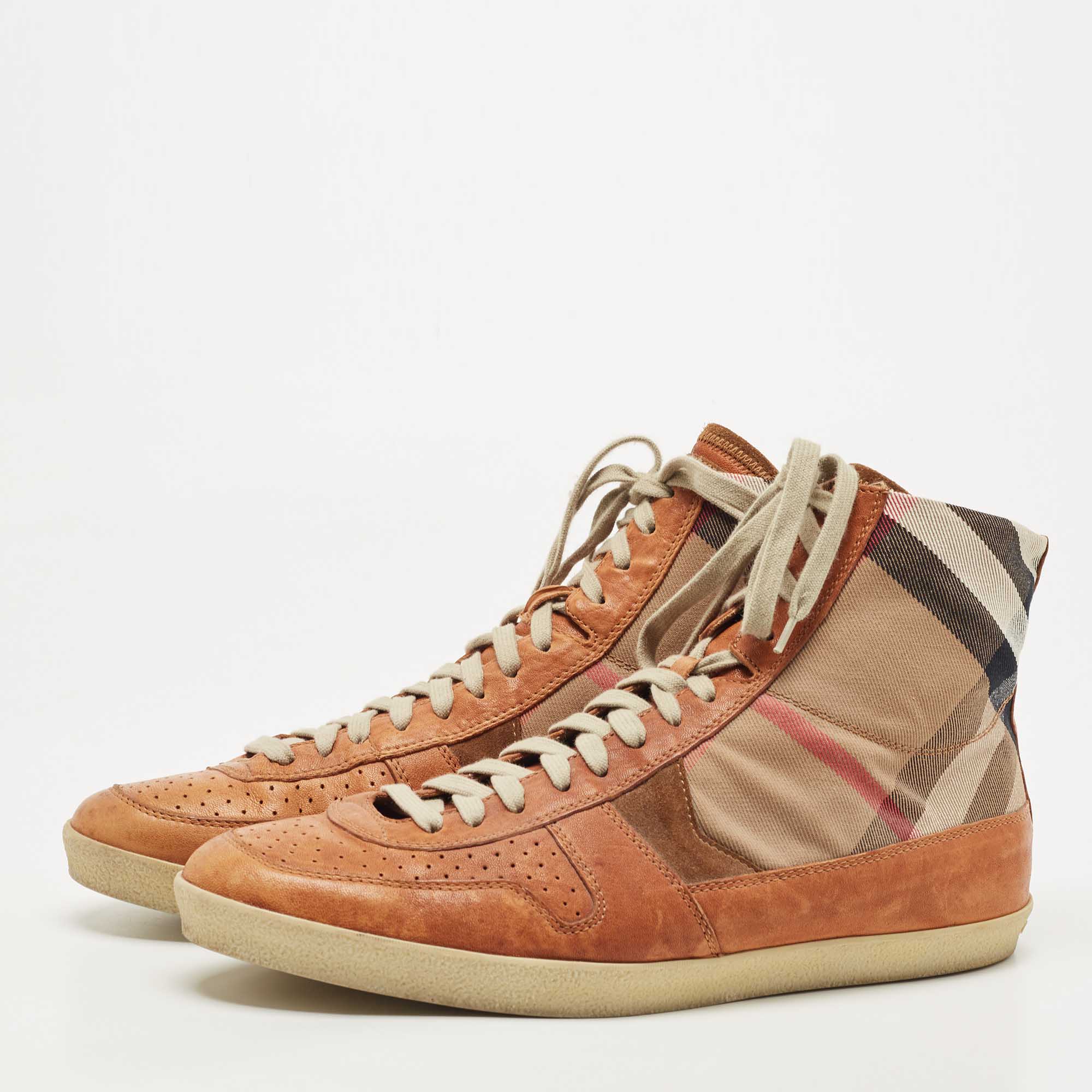

Burberry Tan/Beige Leather And Canvas High Top Sneakers Size