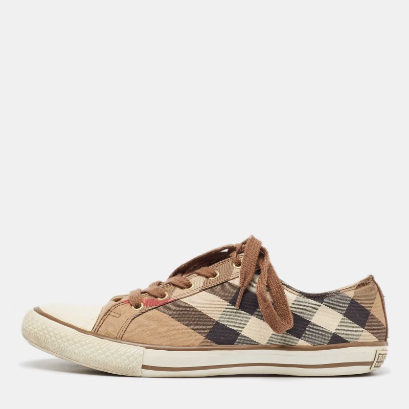 Pre-owned Burberry Brown Check Canvas And Rubber Cap Toe Sneakers Size 42