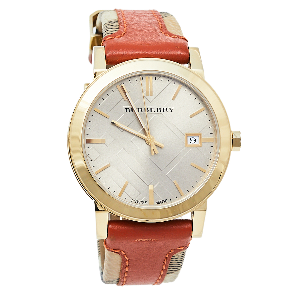 Pre-owned Burberry Beige Gold Plated Stainless Steel Leather Bu9016 Men's Wristwatch 38 Mm