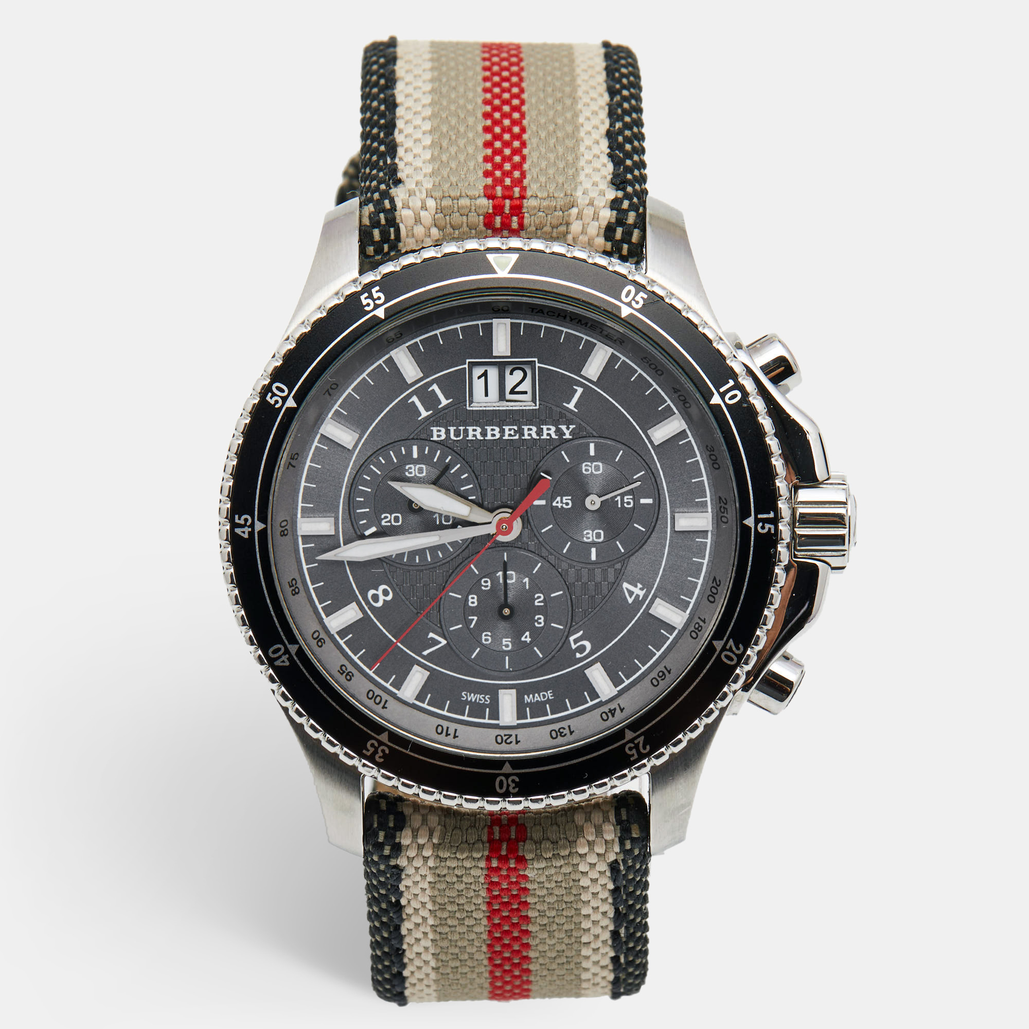 Pre-owned Burberry Grey Stainless Steel Canvas Endurance Bu7601 Men's Wristwatch 44 Mm
