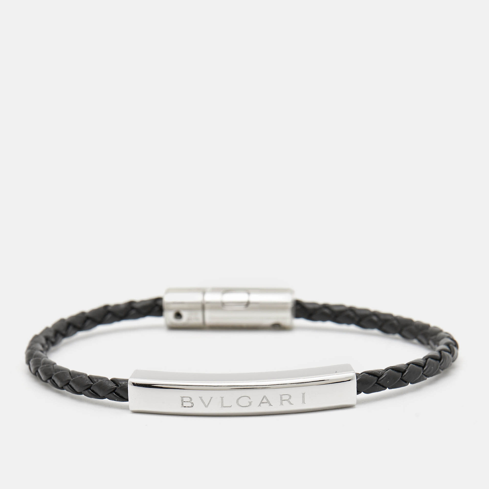 

Bvlgari Bvlgari Black Braided Leather Silver Tone Bracelet