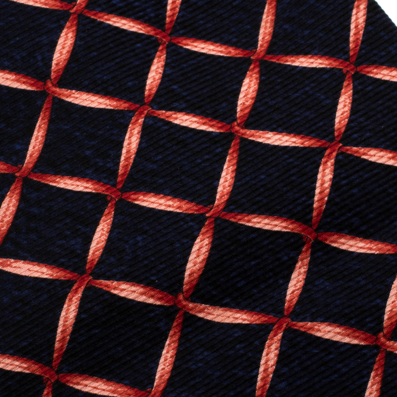 

Bvlgari Davide Pizzigoni Navy Blue Ribbon Print Silk Seven Fold Tie