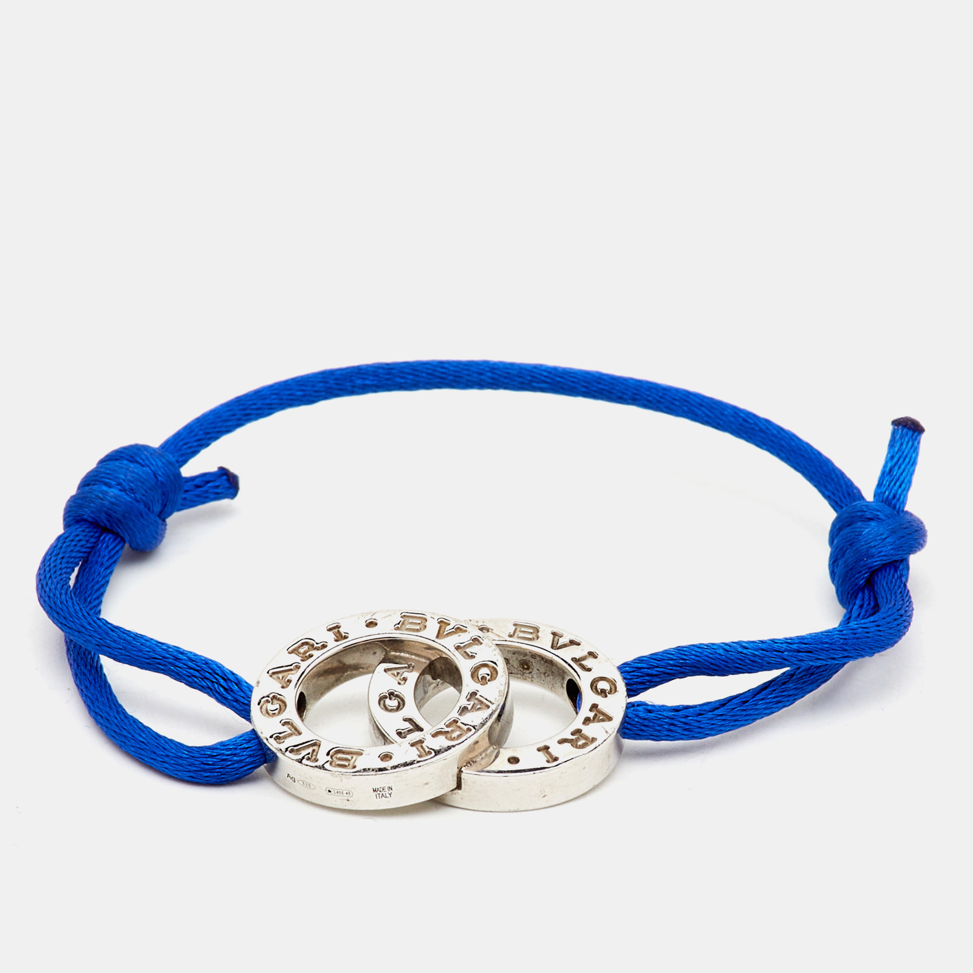 Pre-owned Bvlgari Fortuna Interlocking Circles Sterling Silver Blue Cord Adjustable Bracelet
