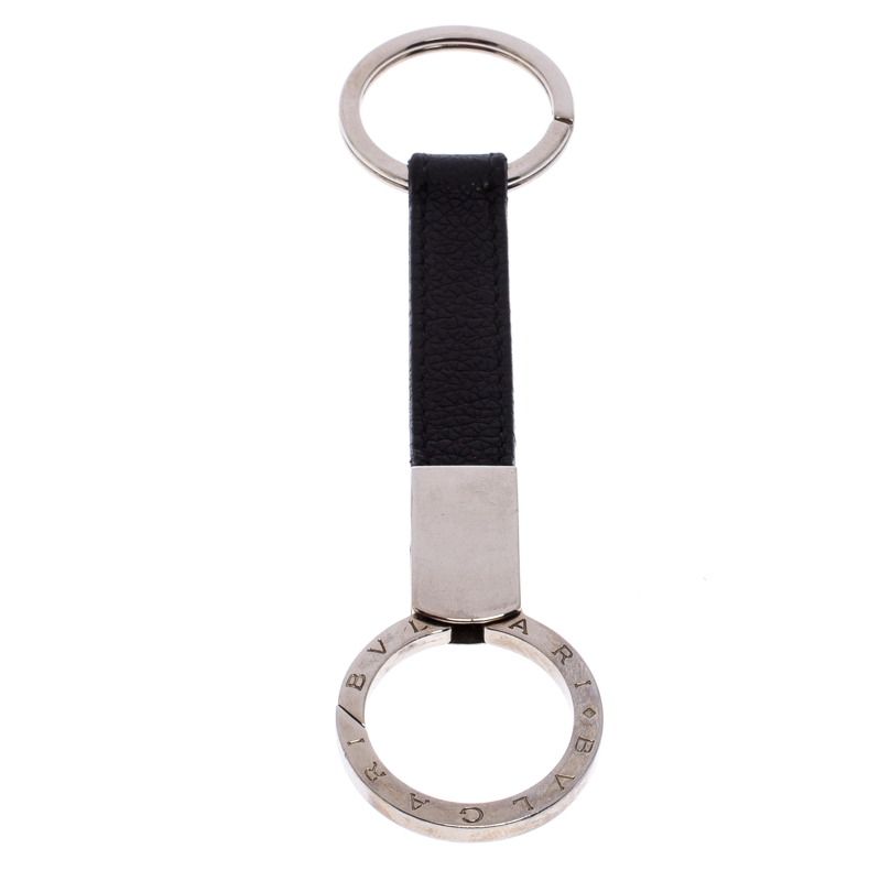 Bvlgari Black Leather Palladium Plated Key Holder