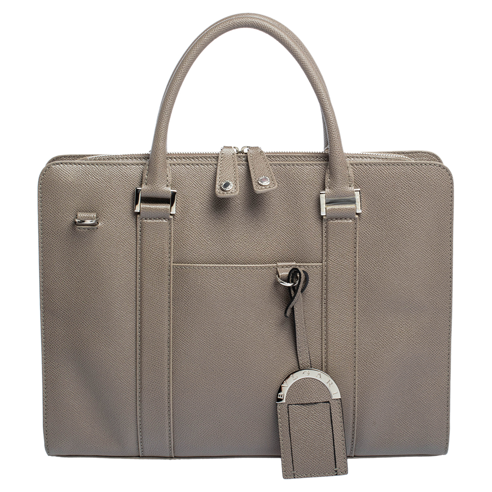 Bvlgari Taupe Grey Grained Leather Briefcase
