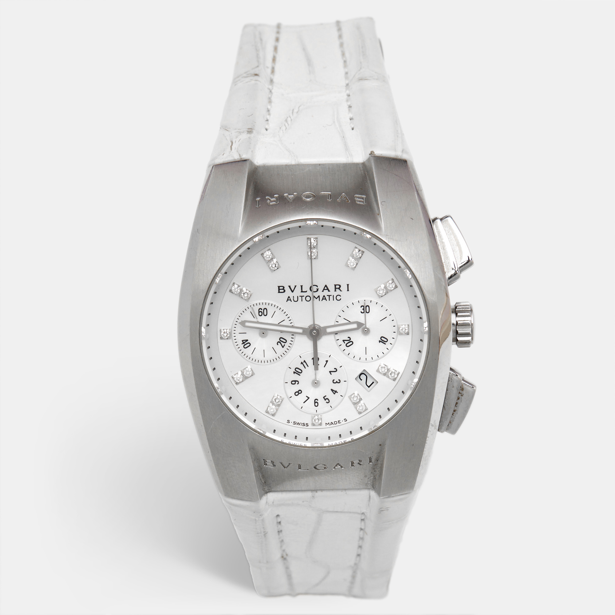 

Bvlgari Ergon EG35SCH Mother Of Pearl Diamond Stainless Steel Alligator Leather Women's Wristwatch, White