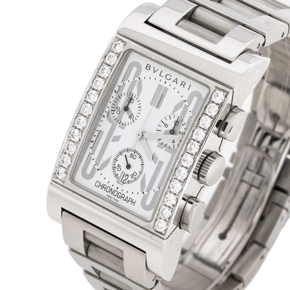 

Bvlgari White Stainless Steel Diamond Rettangolo RTC49S Men's Wristwatch, Silver