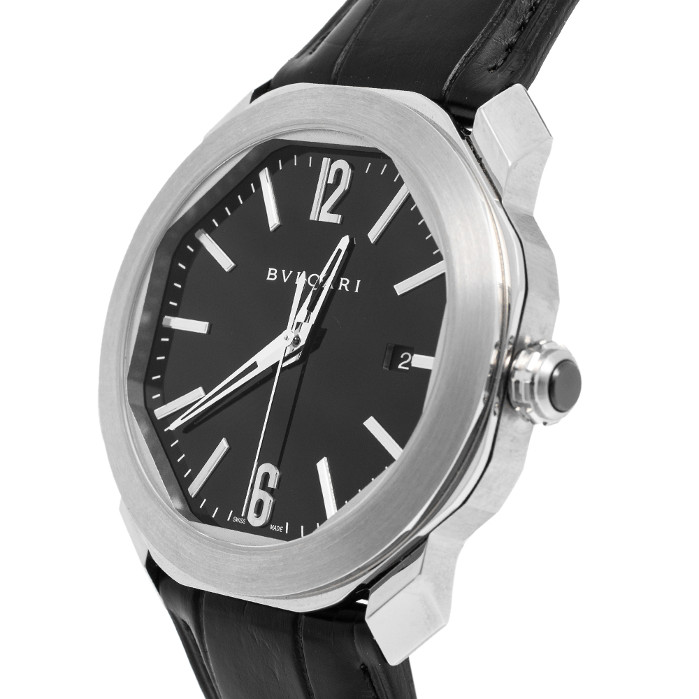 

Bvlgari Black Stainless Steel Leather Octo Roma OC41S Men's Wristwatch