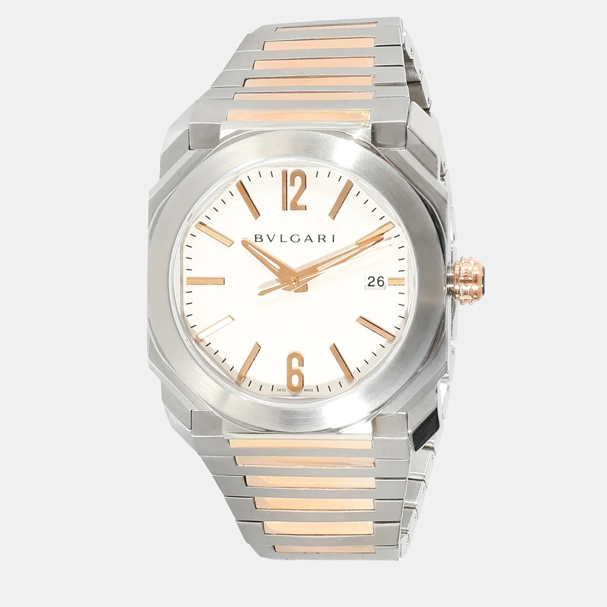 Pre-owned Bvlgari Silver 18k Rose Gold Stainless Steel Octo Bgo38s Automatic Men's Wristwatch 38.5 Mm