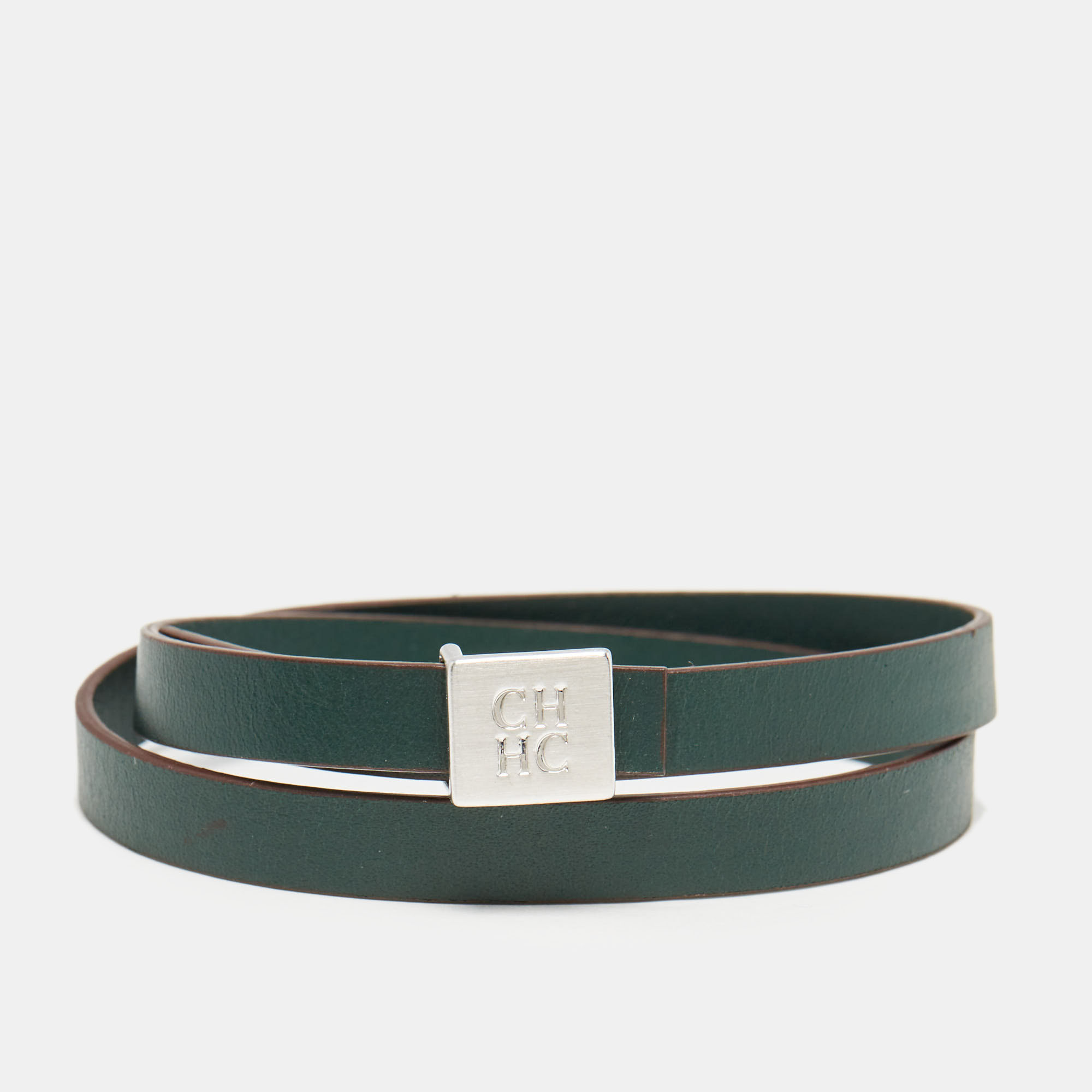 

Carolina Herrera CH Leather Silver Tone Wrap Bracelet