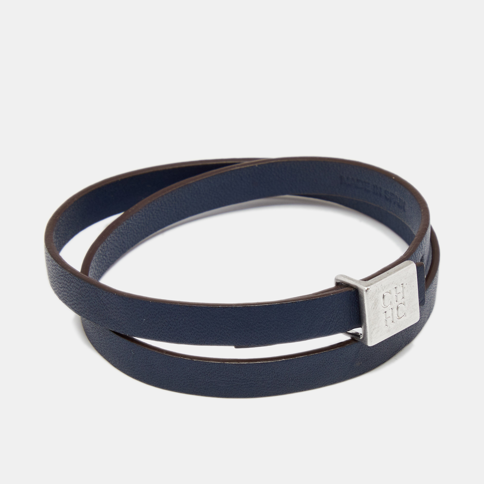 

Carolina Herrera Blue Double Wrap Leather Silver Tone Bracelet