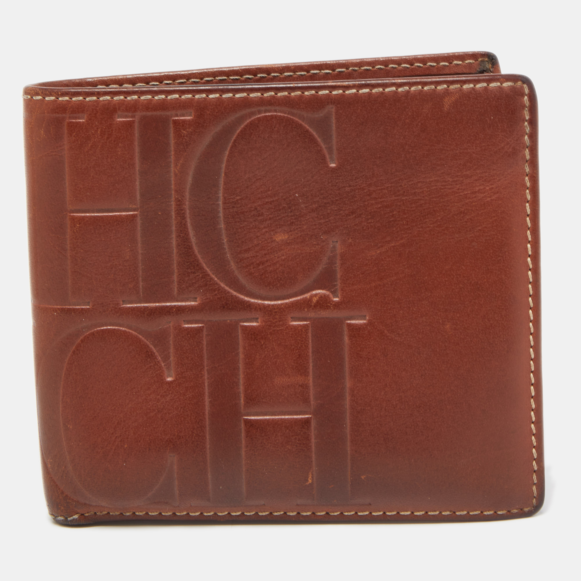 Pre-owned Carolina Herrera Brown Monogram Embossed Leather Bifold Wallet