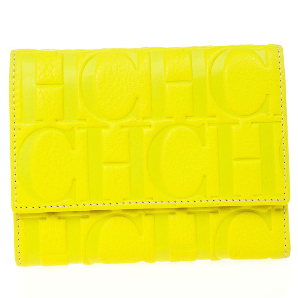 Pre Owned Carolina Herrera Yellow Monogram Compact Wallet