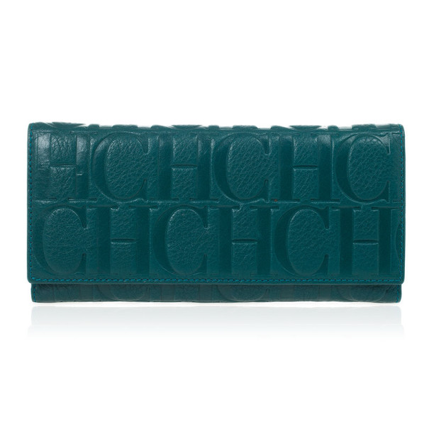 Pre Owned Carolina Herrera Teal Embossed Leather Continental Wallet