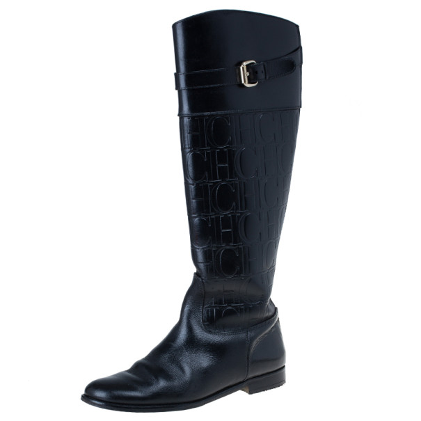 Carolina Herrera Black Patent Leather Monogram Knee Boots Size 39