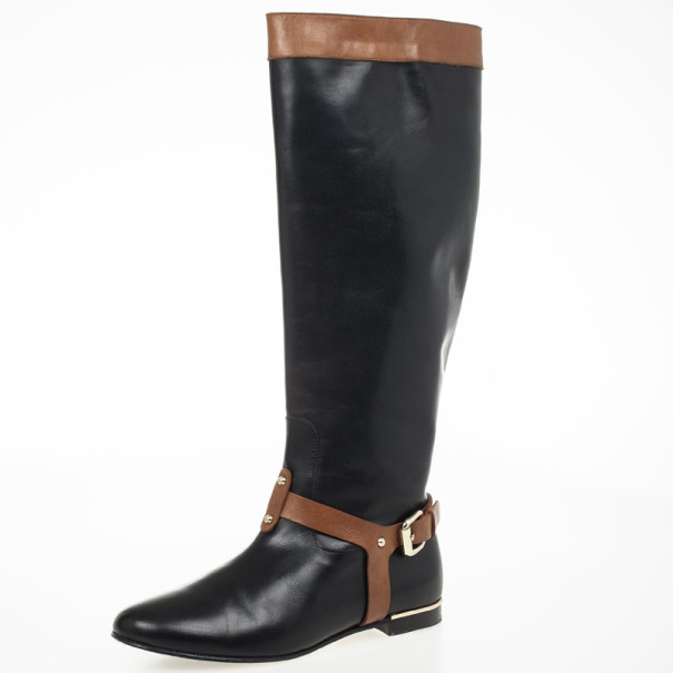 Pre Owned Carolina Herrera Black &amp; Brown Leather Knee Length Boots Size 38