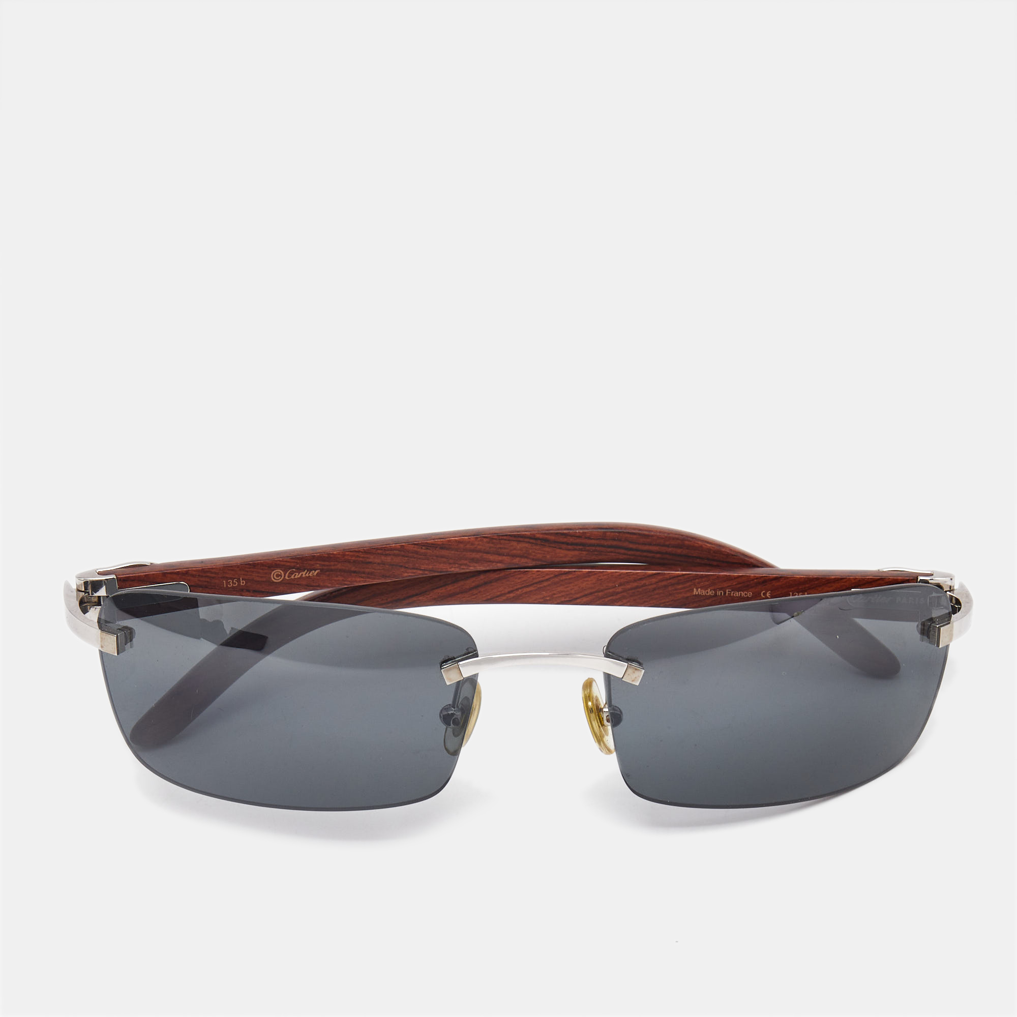 Pre-owned Cartier Black Brown Decor C Wood Rectangle Sunglasses