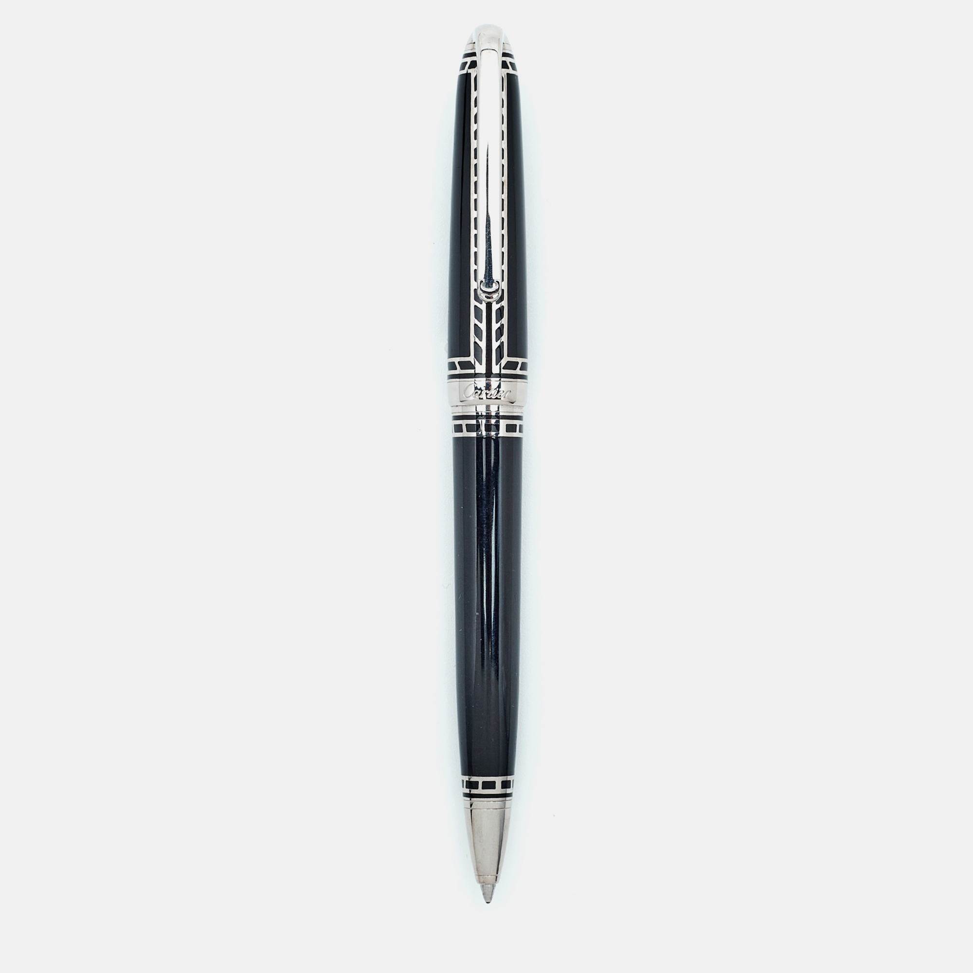 

Cartier Limited Edition Railroad Decor Black Enamel Silver Tone Ball Point Pen