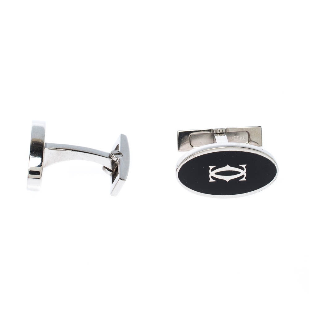 

Cartier Double C Logo Black Enamel Silver Cufflinks