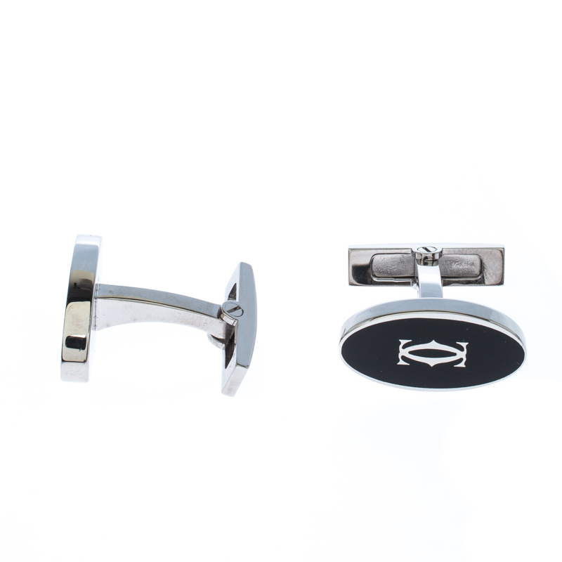 

Cartier Double C Logo Decor Silver Oval Cufflinks, Black