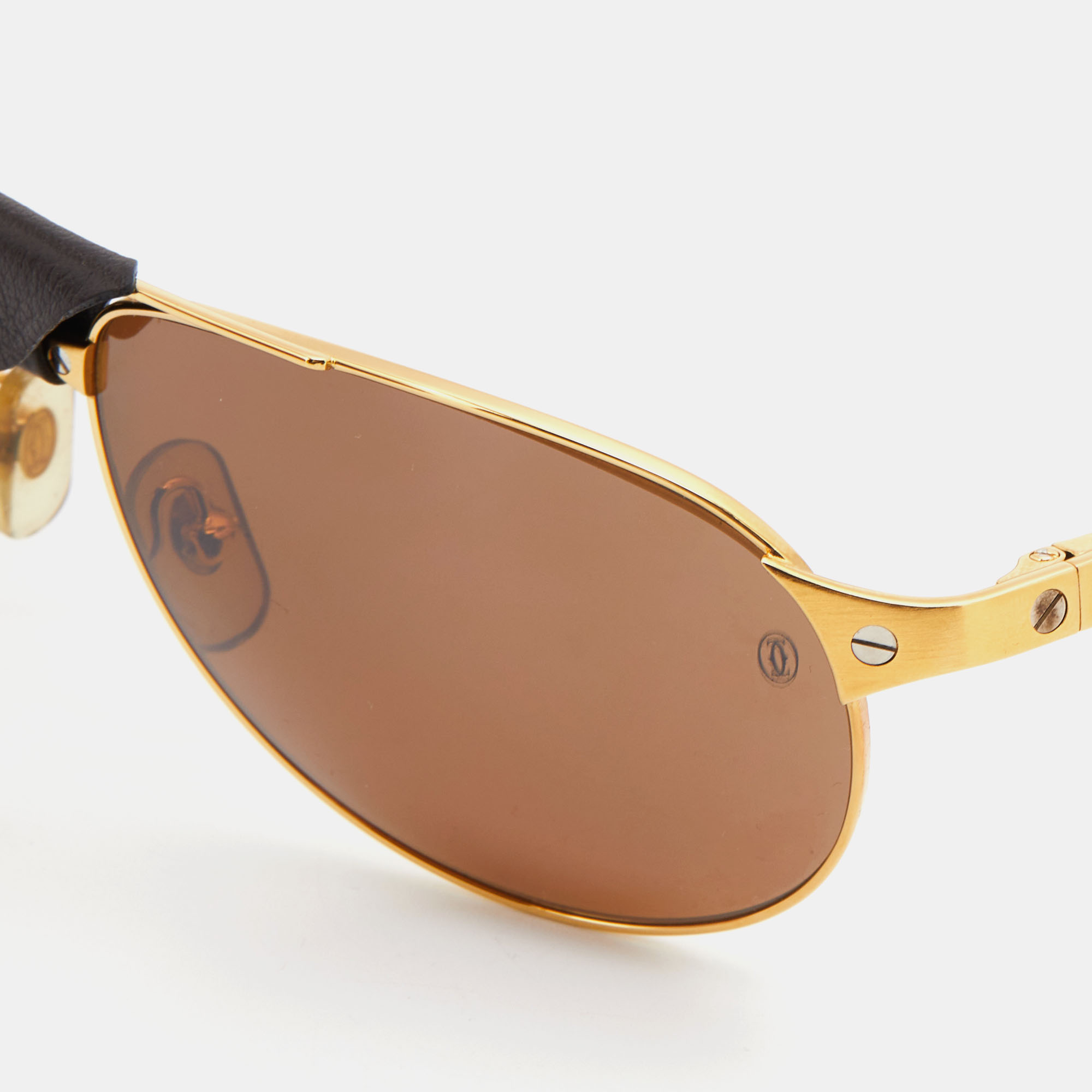

Cartier Edition Santos-Dumont Gold Tone/Brown 5044394 Leather Detail Aviator Sunglasses
