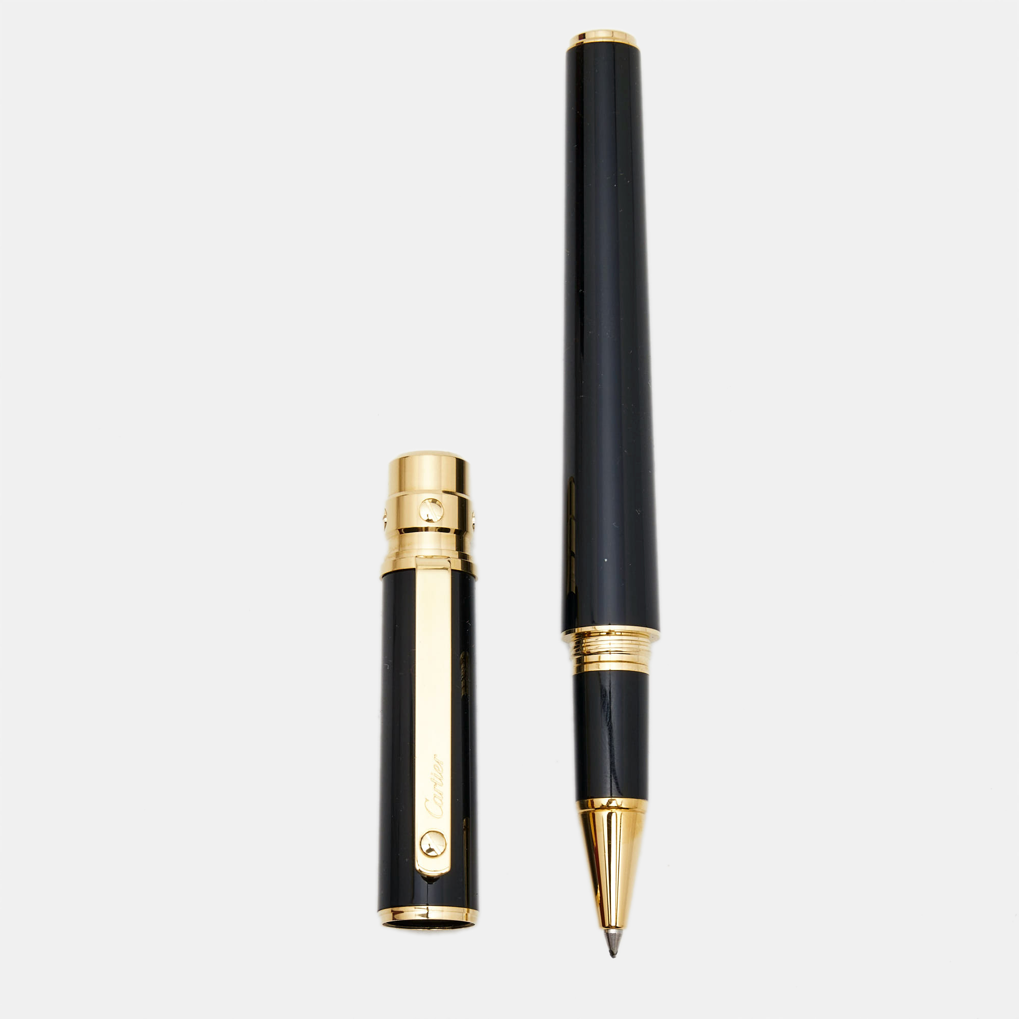 Cartier Santos de Cartier Black Lacquer Gold Finish Rollerball Pen