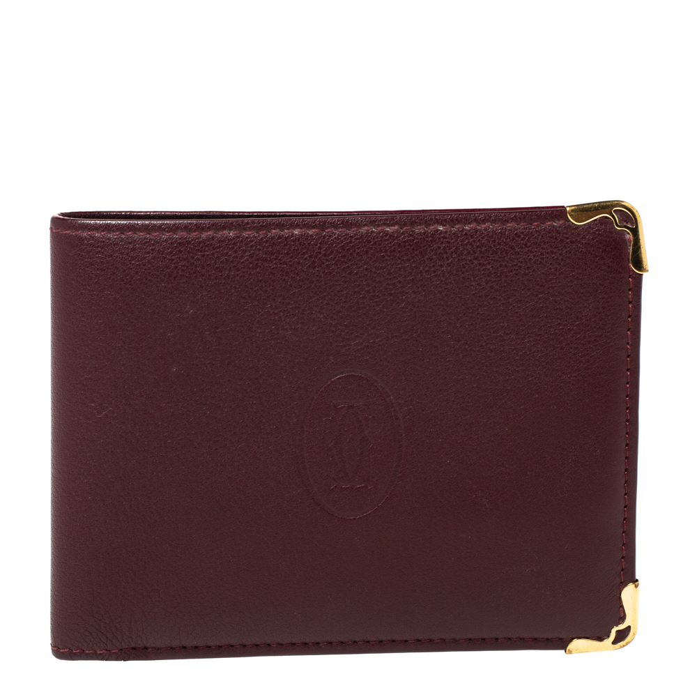 Pre Owned Cartier Burgundy Leather Must De Cartier 6CC Bifold Wallet